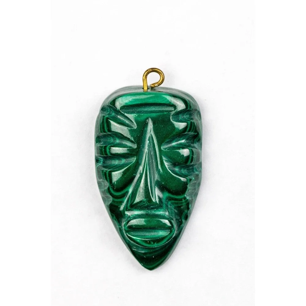 Vintage Carved Malachite Tribal Mask Pendant, Green Stone Totem Face Jewelry